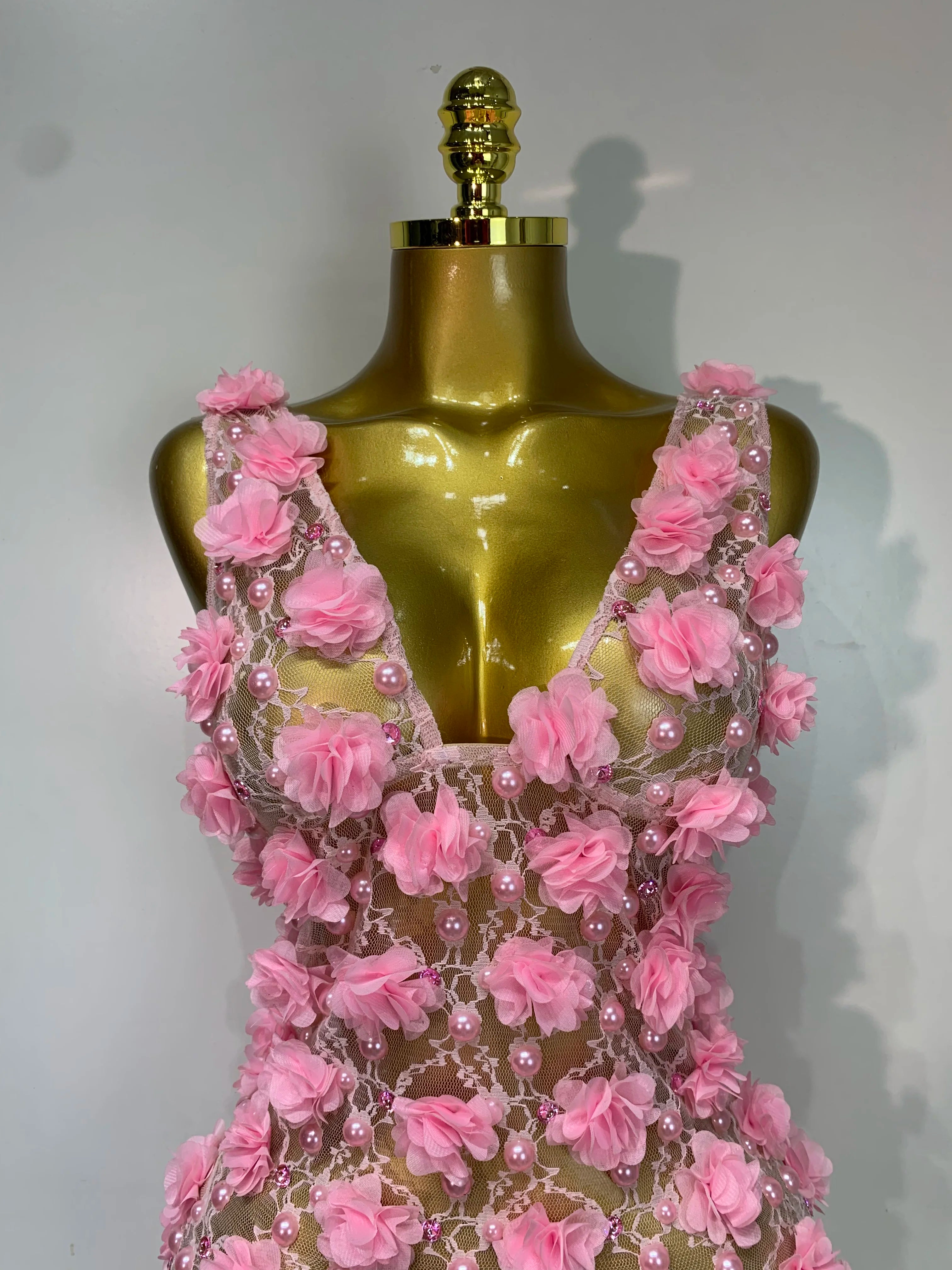Flowers Pearls Lace Mini Dress
