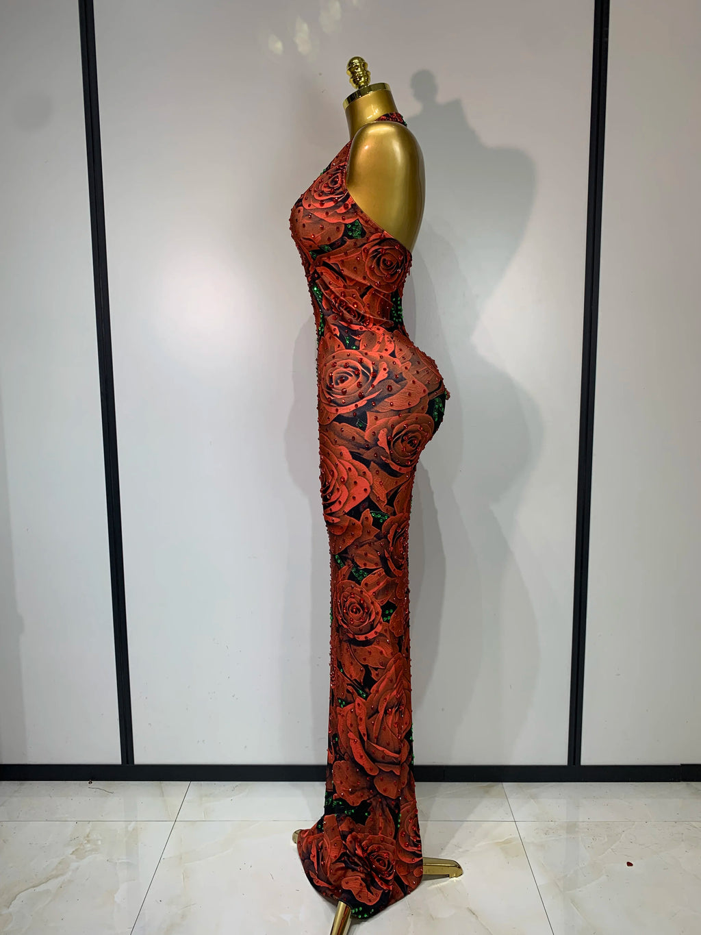 Rose Print Halter Bodycon Sparkly Rhinestone V Neck Dress