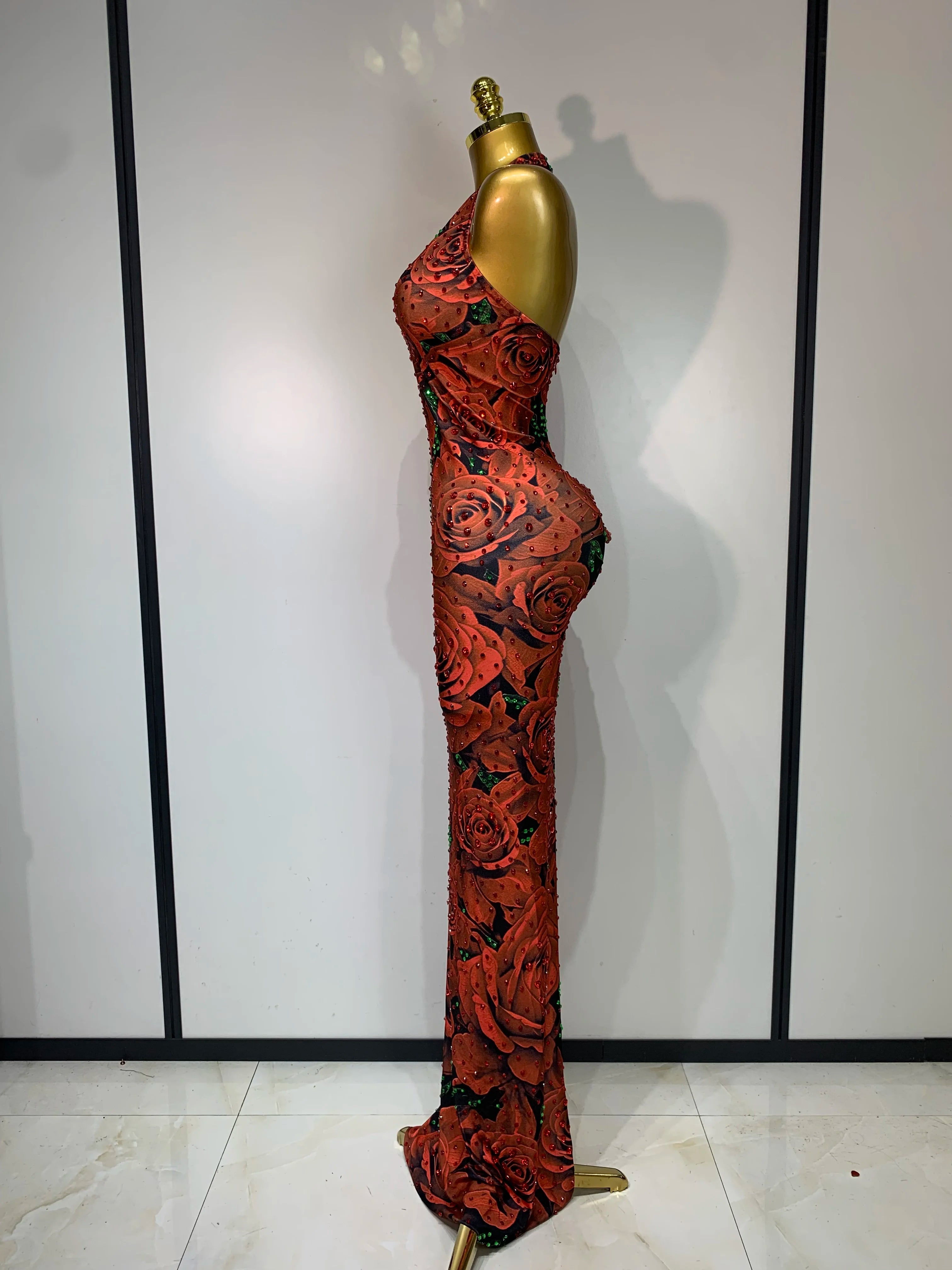 Rose Print Halter Bodycon Sparkly Rhinestone V Neck Dress