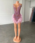 Pink Luxury Sexy Feather Diamond Mini Dress