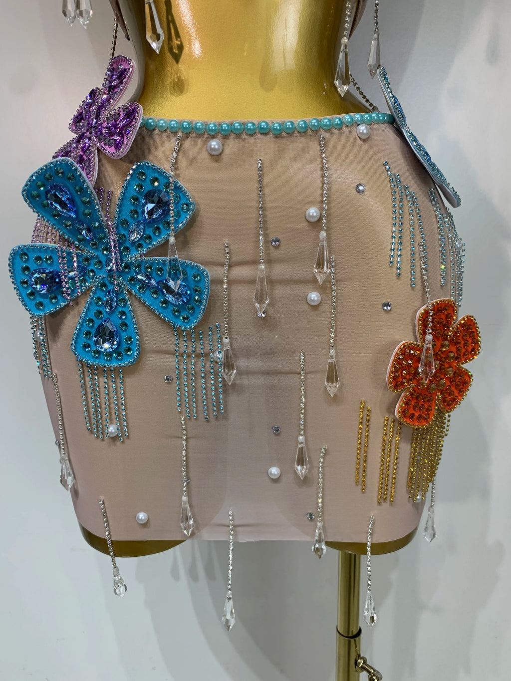 Flower Rhinestone Pearl Top & Mini Skirt Two Piece Set