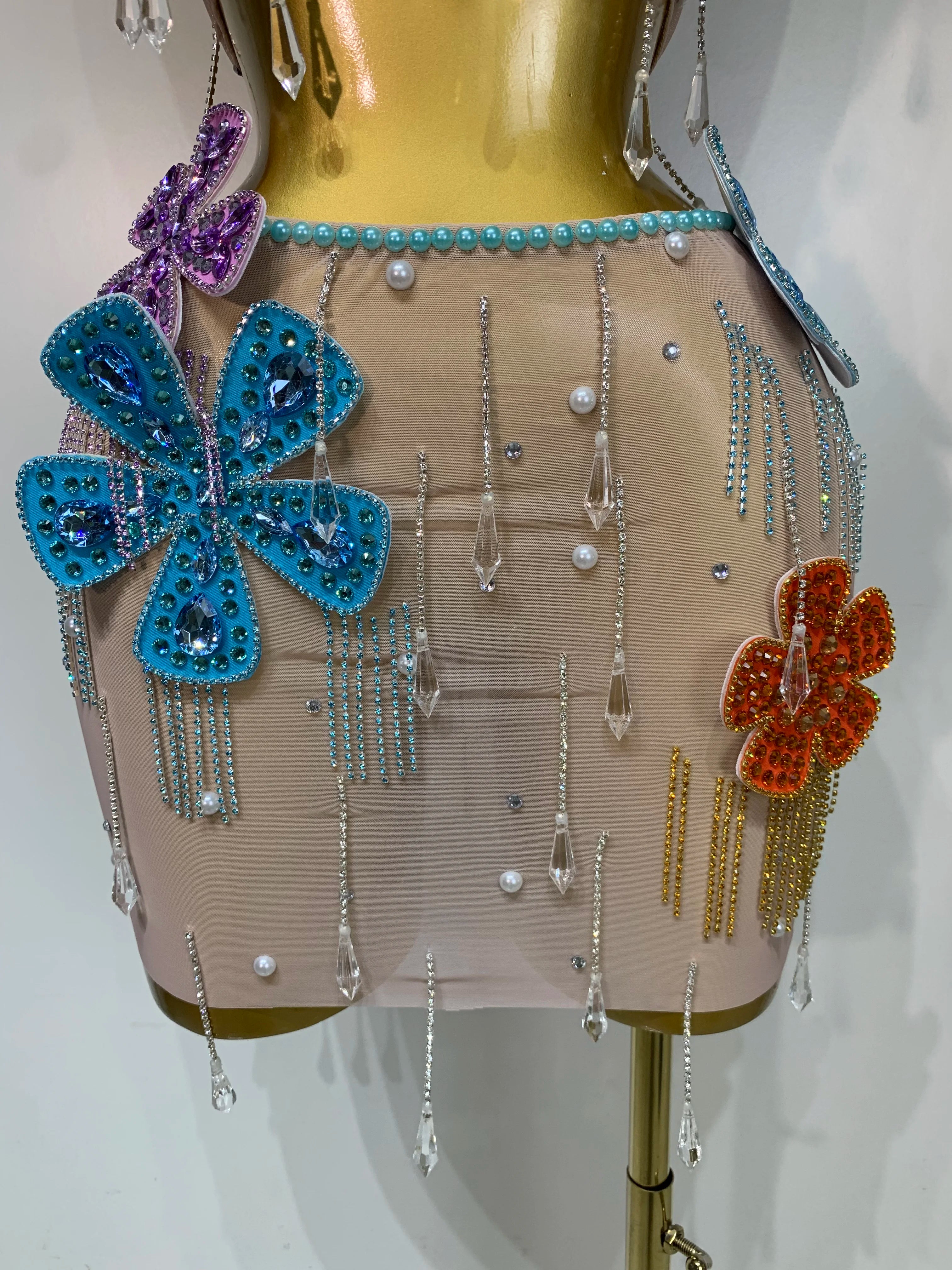 Flower Rhinestone Pearl Top & Mini Skirt Two Piece Set