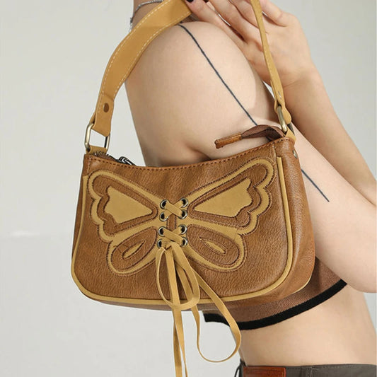 Butterfly Brown Leather Cross Lace Up Handbag