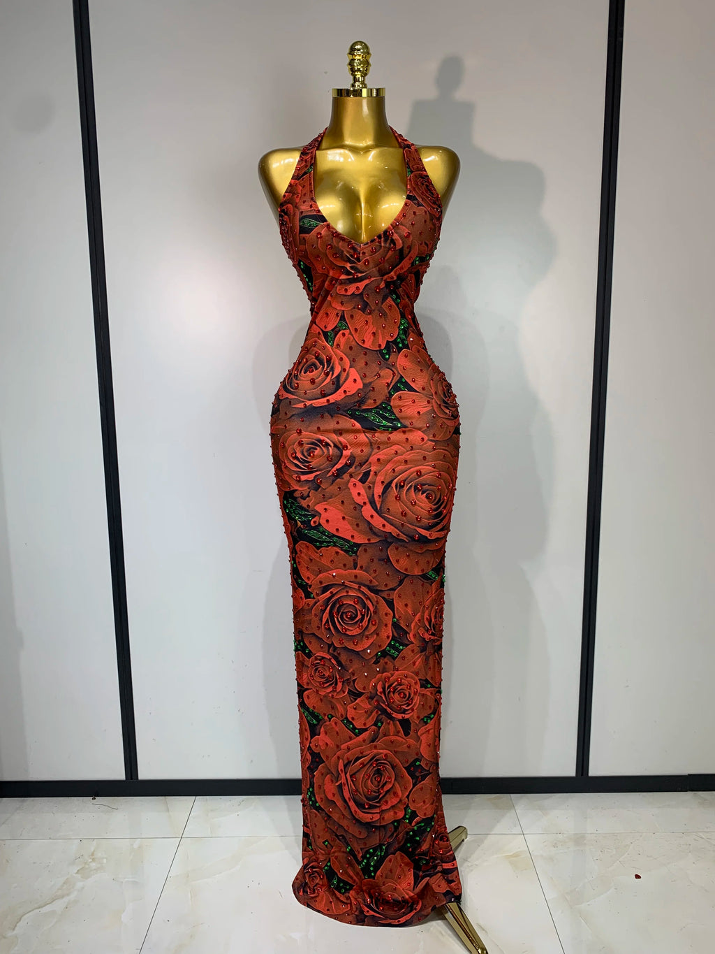 Rose Print Halter Bodycon Sparkly Rhinestone V Neck Dress