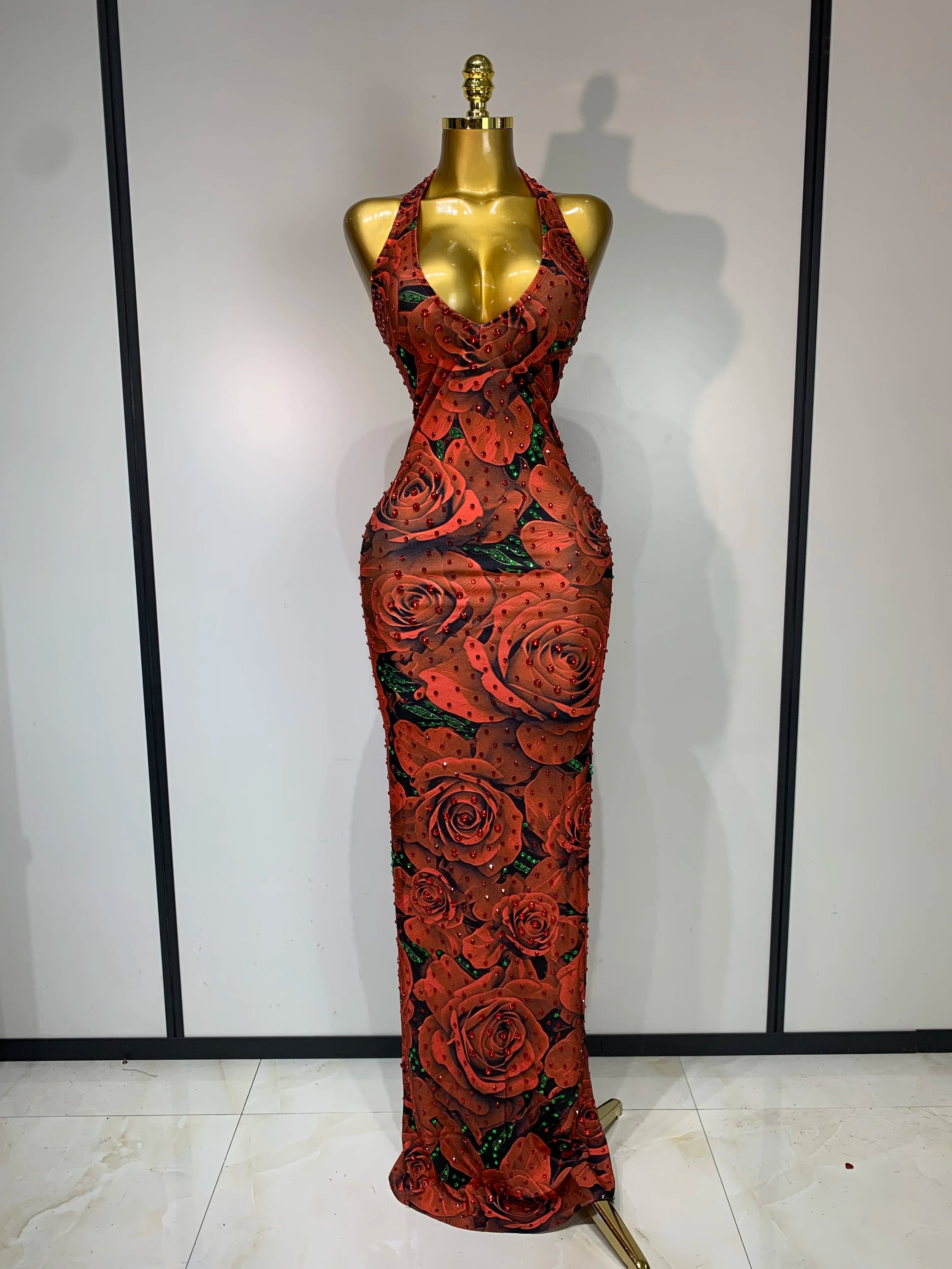 Rose Print Halter Bodycon Sparkly Rhinestone V Neck Dress