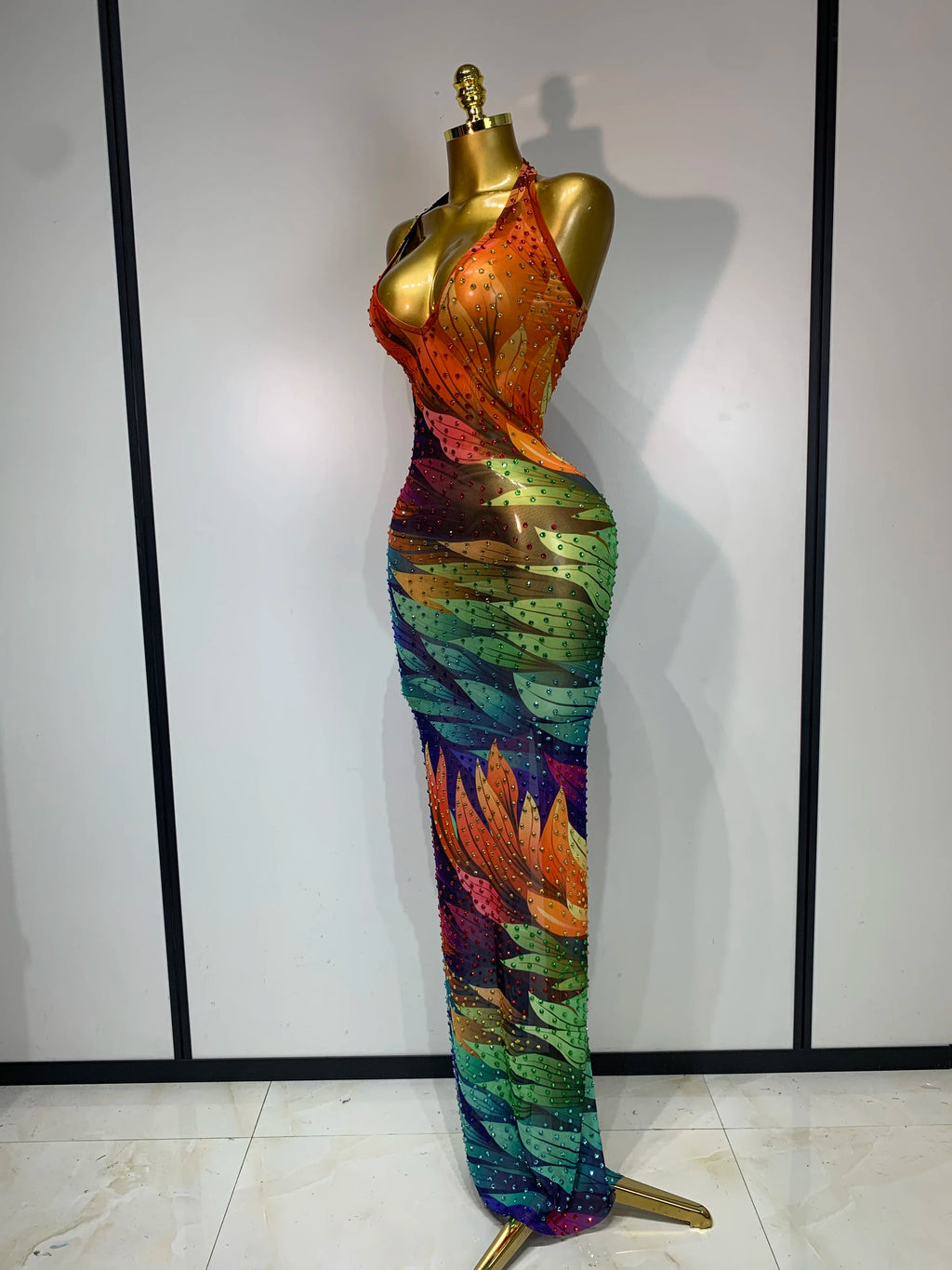Cool Summer Halter Mesh Sparkly Rhinestone Dress