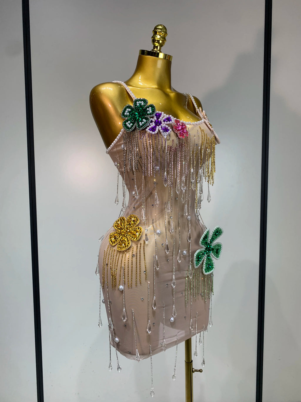 Flower Rhinestone Pearl Mesh Mini Dress