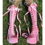 Pink Velvet Lace Up Boots