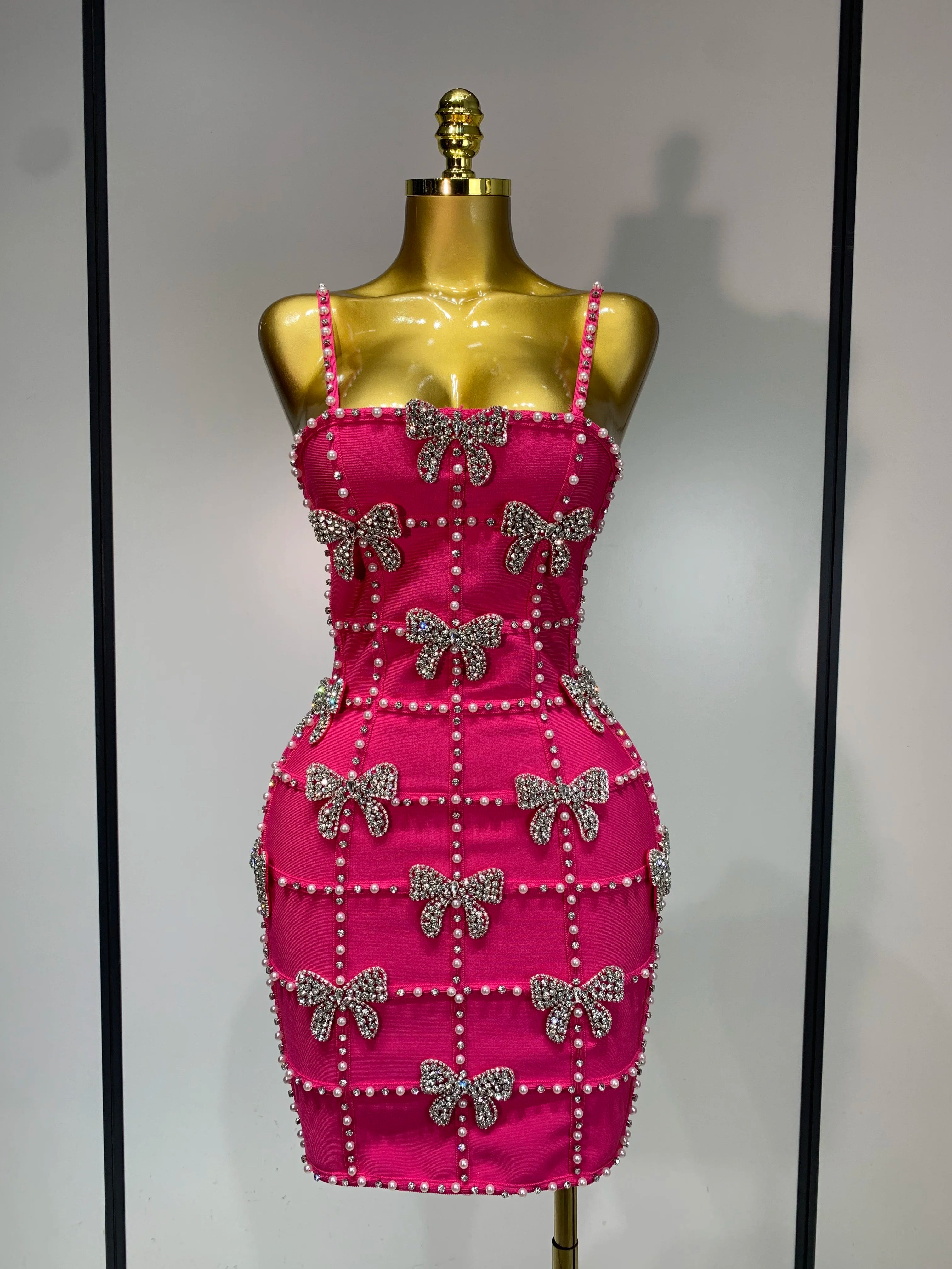 Pink Pearl Bow Rhinestone Dress