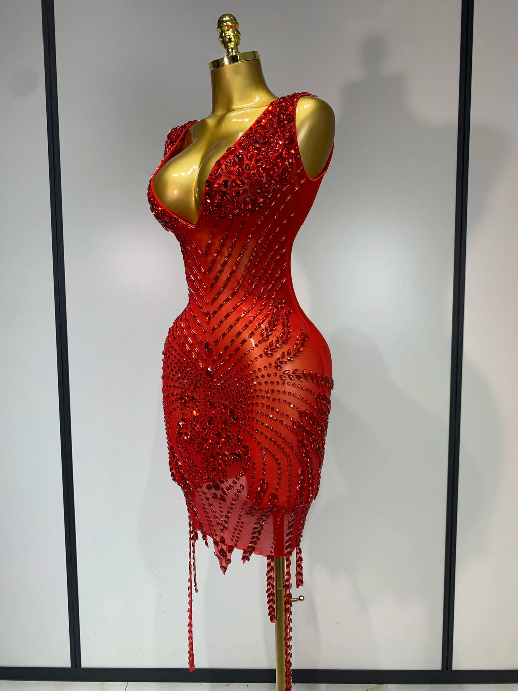 Sparkly Rhinestone Mesh V Neck Dress