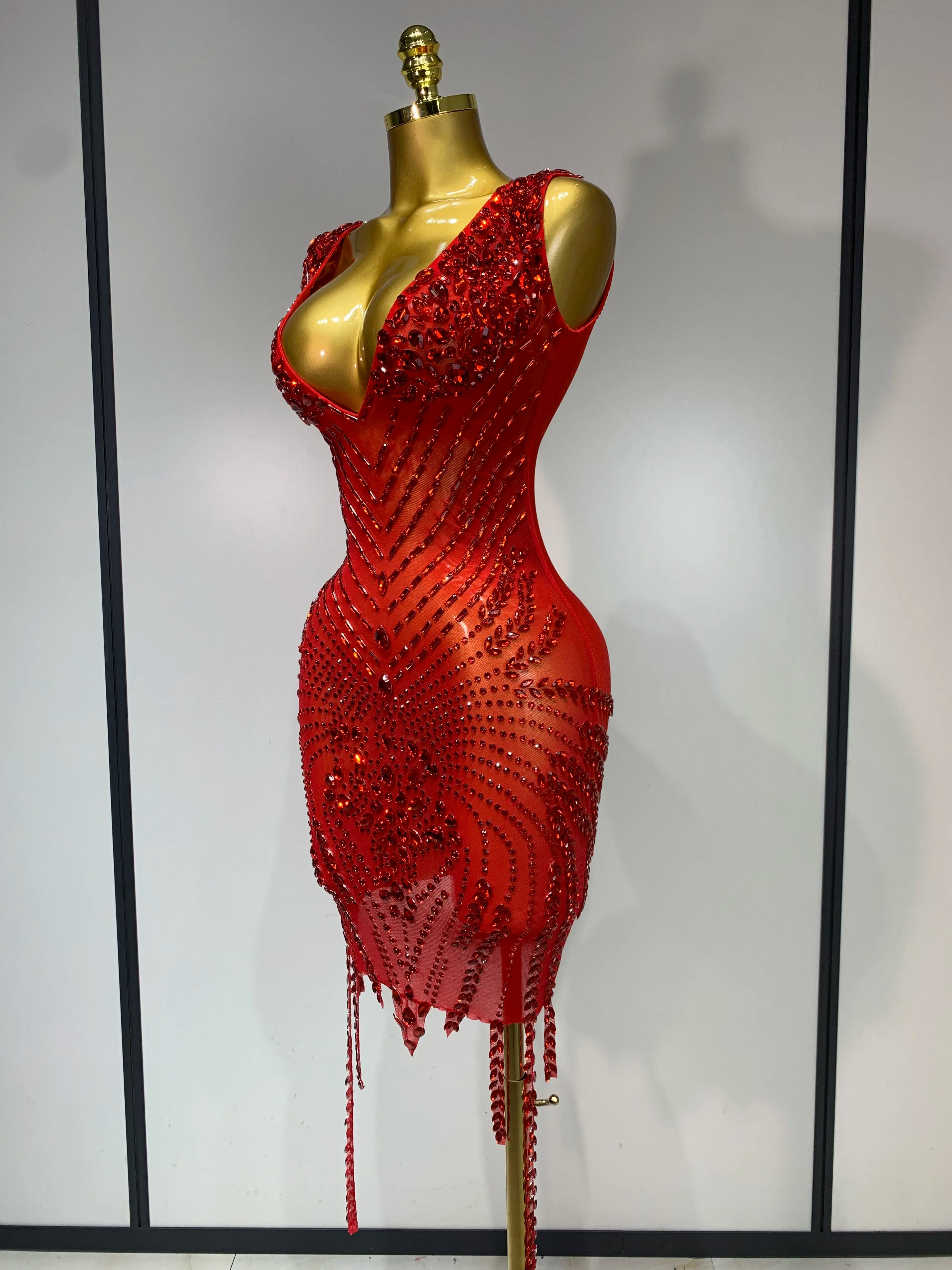 Sparkly Rhinestone Mesh V Neck Dress