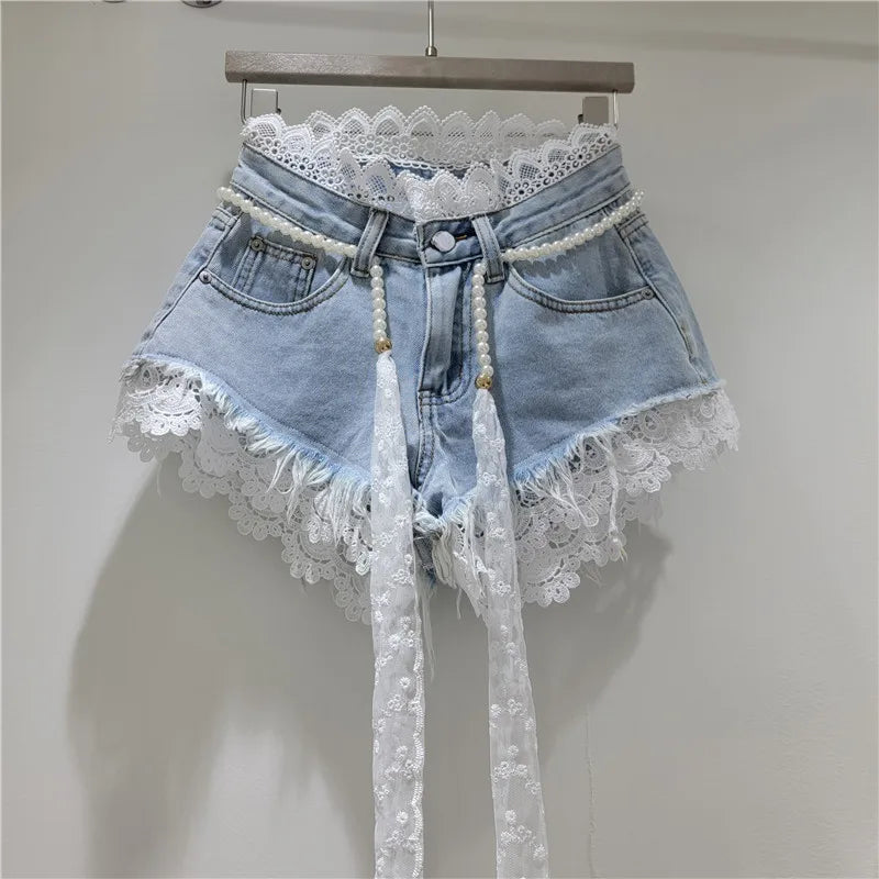 Lace Trim Denim Shorts + Pearl Belt