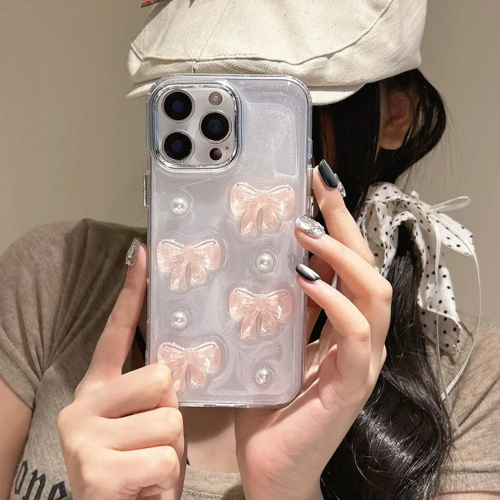 Cute 3D Pink Bow Pearl Clear Phone Case