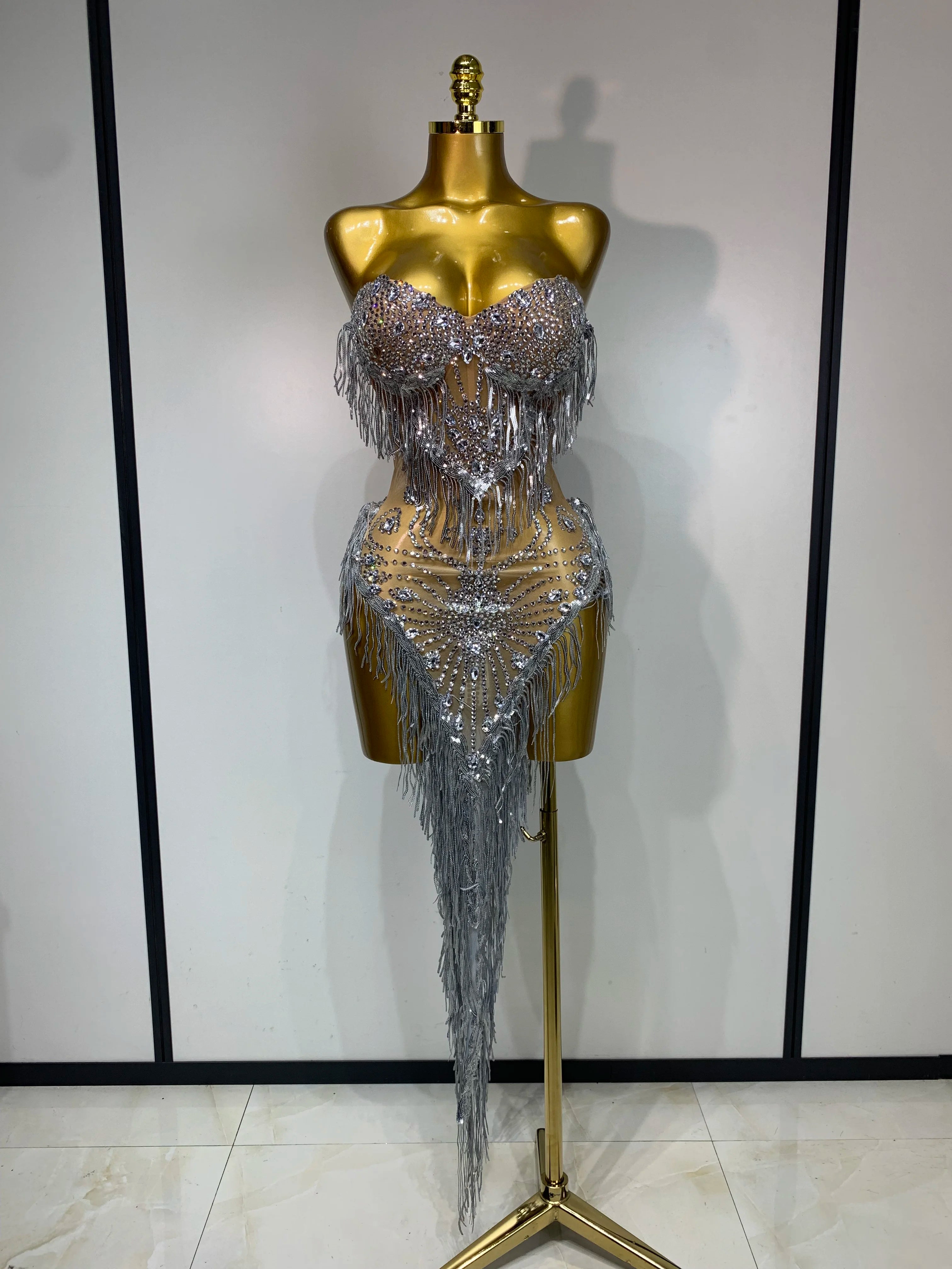Silver Sparkly Diamond Mesh Mini Dress