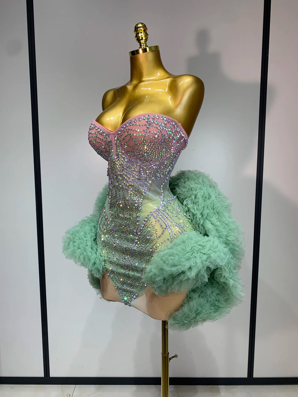 Green Pink Ombre Diamonds Mesh Dress