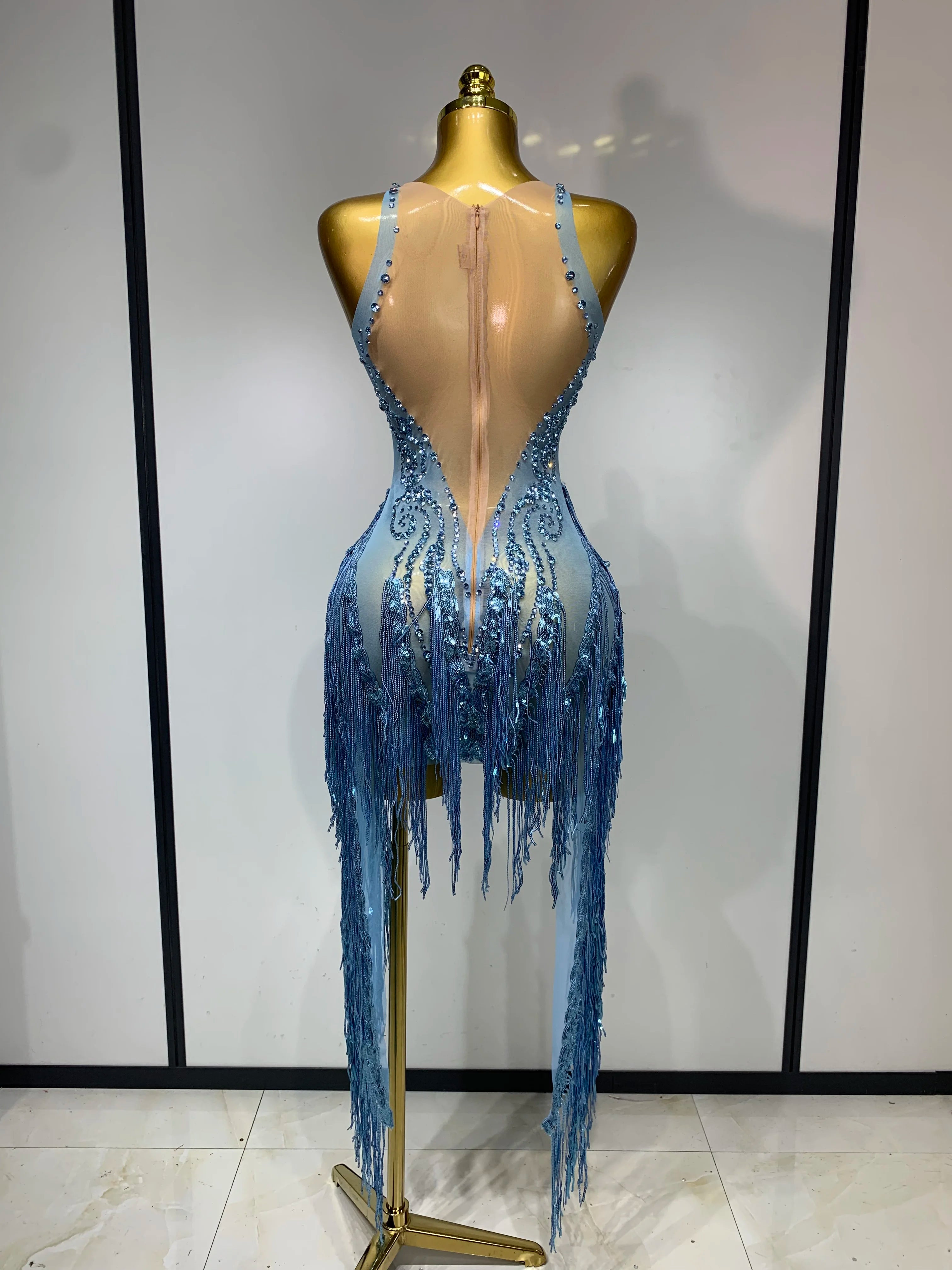 Sparkly Blue Rhinestone Mesh Dress
