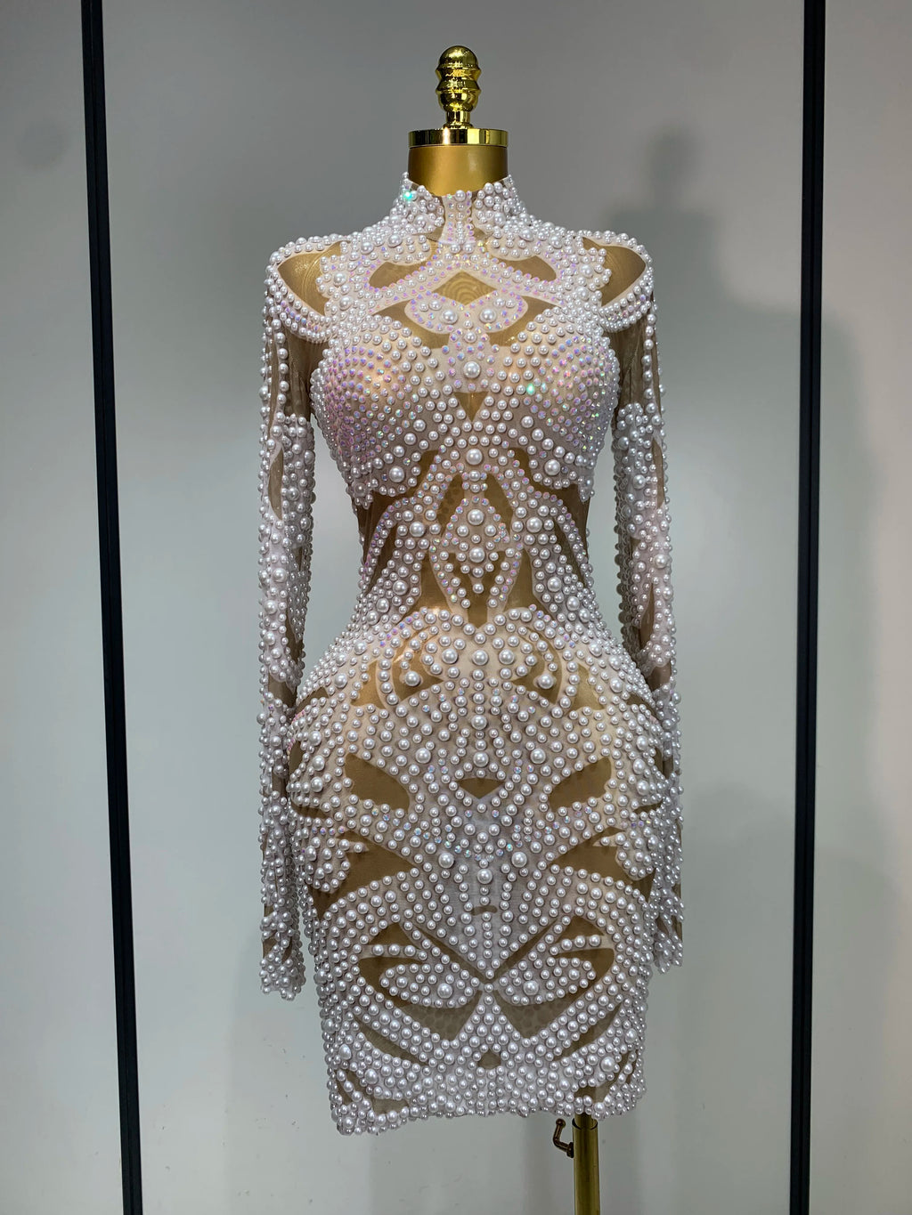 White Rhinestone Pearl Mesh