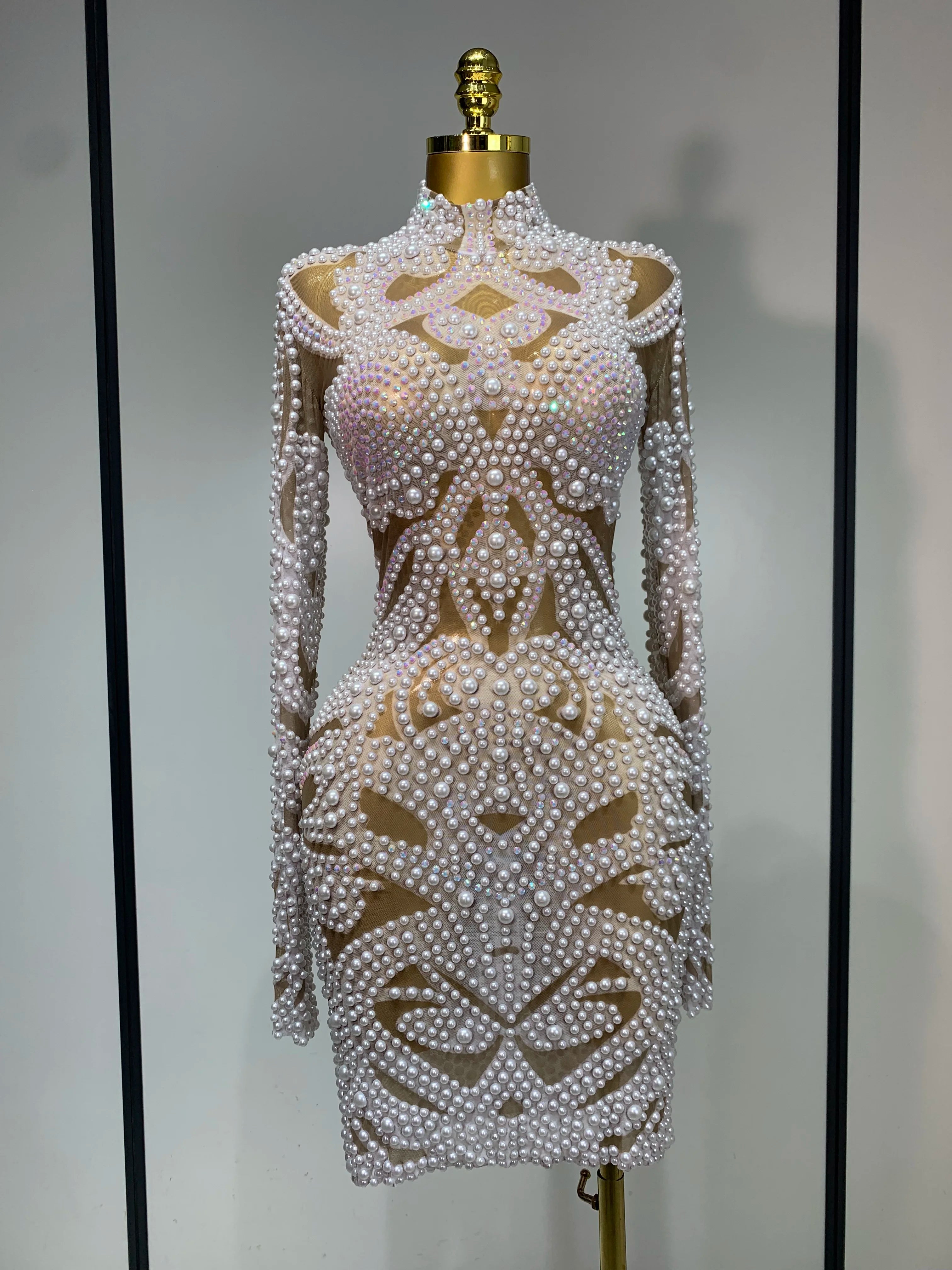White Rhinestone Pearl Mesh