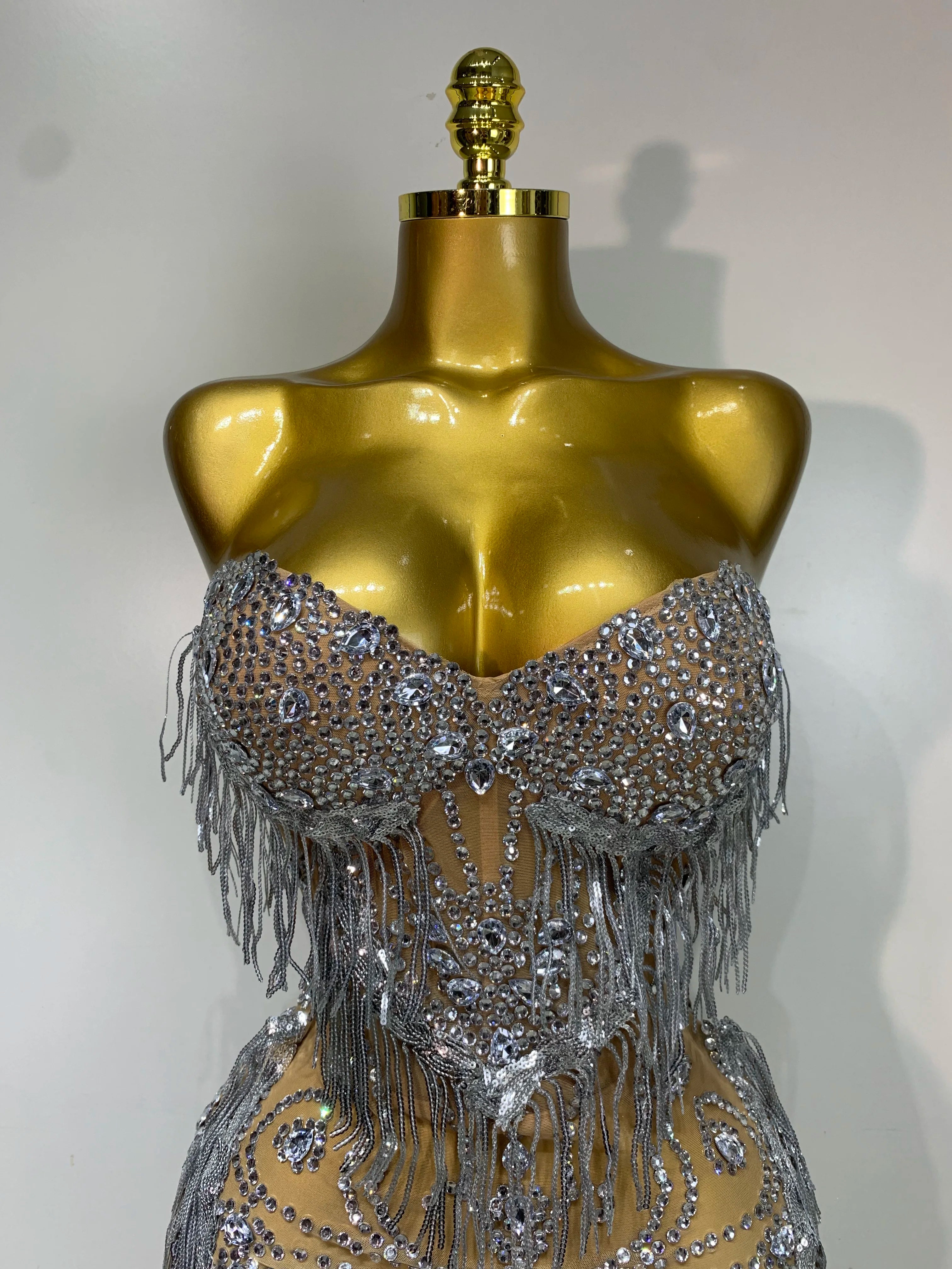 Silver Sparkly Diamond Mesh Mini Dress