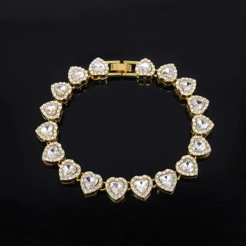 Heart Rhinestone Tennis Chain Necklace & Matching Bracelet