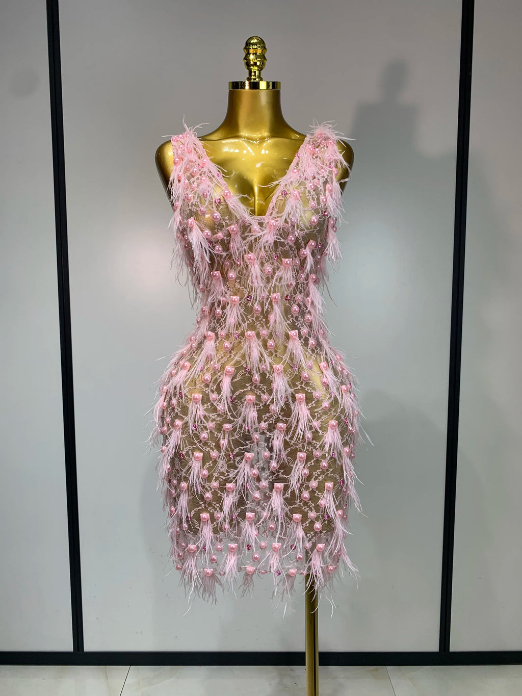 Pink Pearls Feather Lace Mini Dress