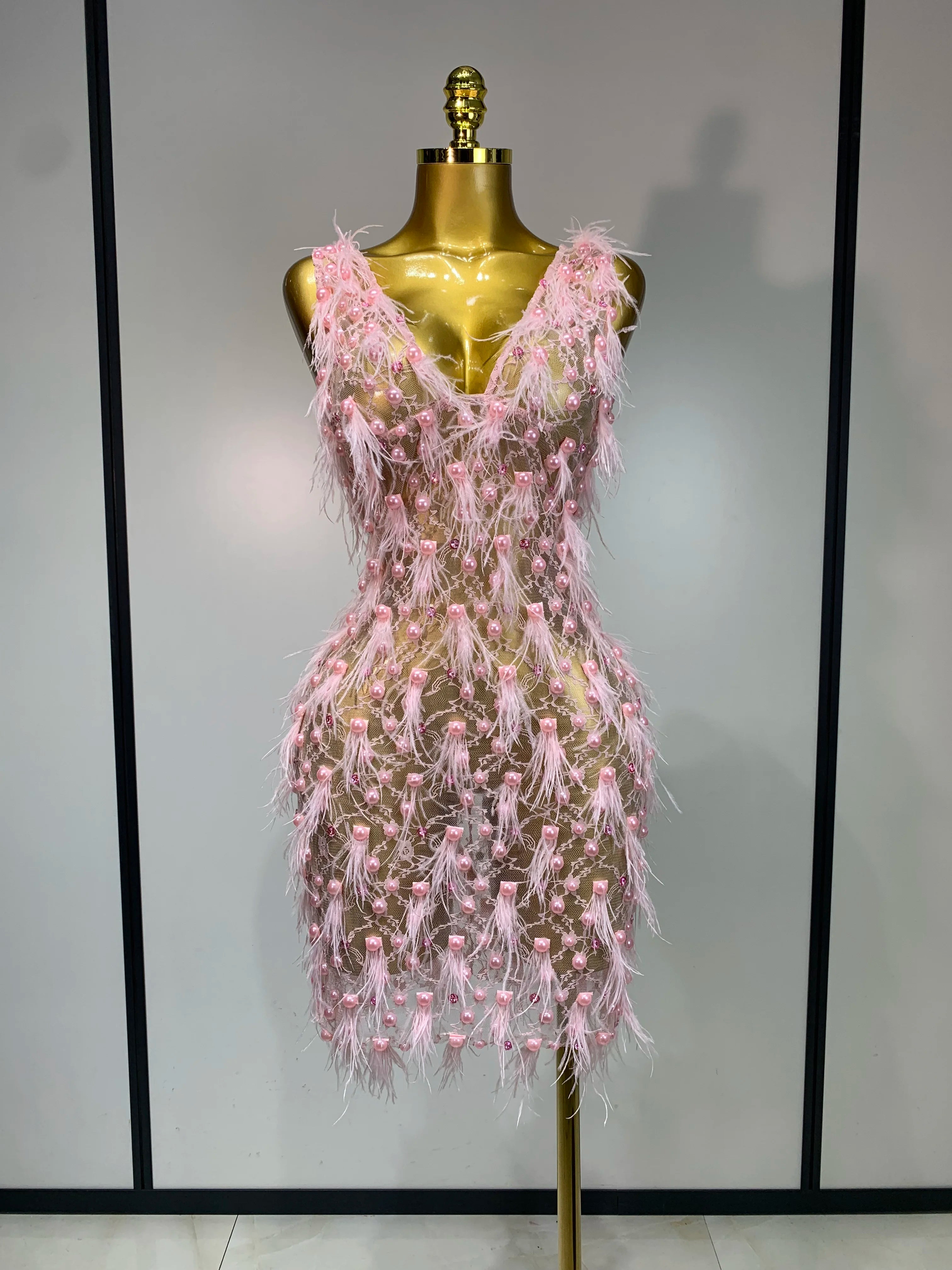 Pink Pearls Feather Lace Mini Dress