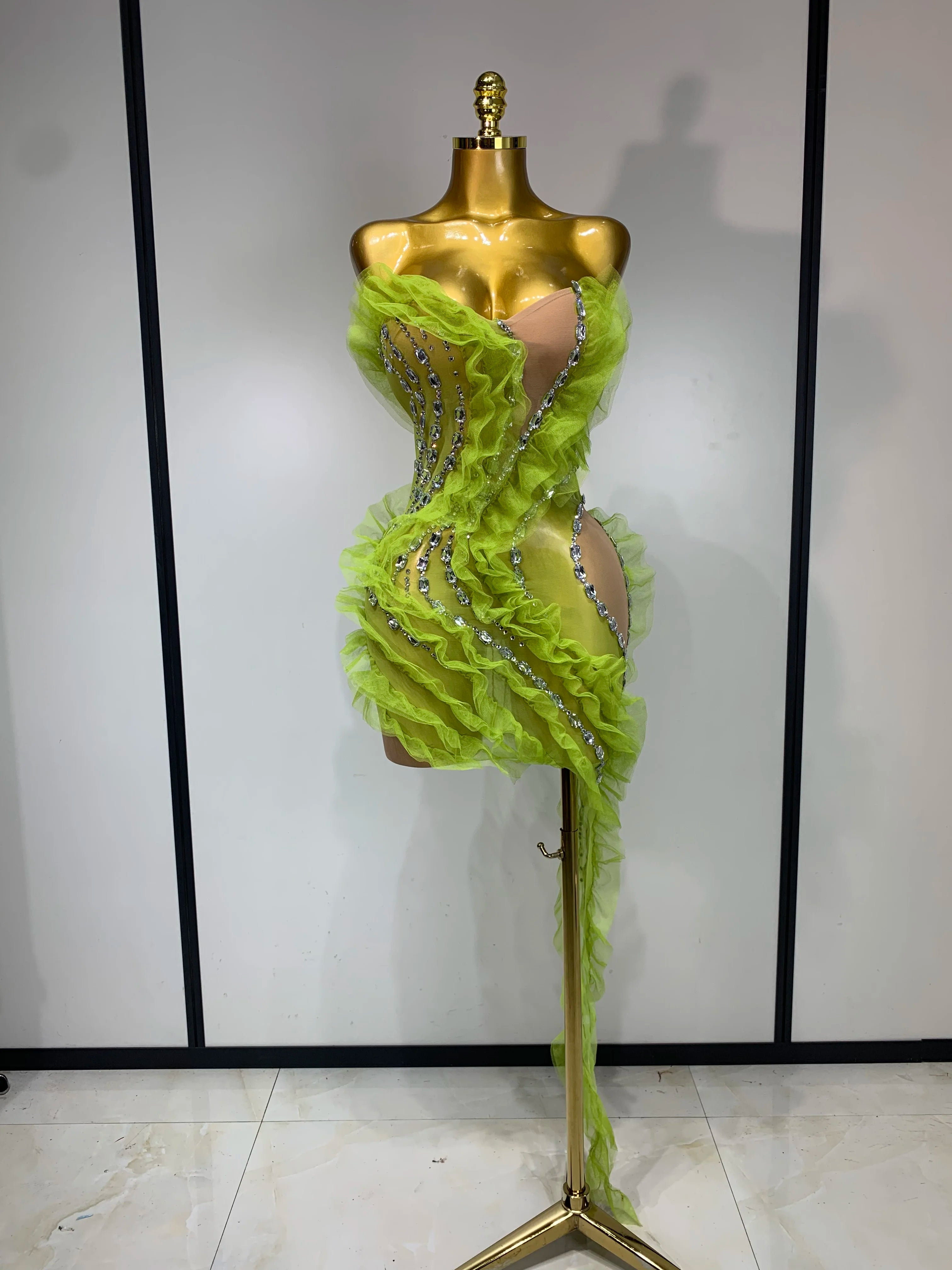 Luxury Sparkly Green Rhinestones Mesh Mini Dress