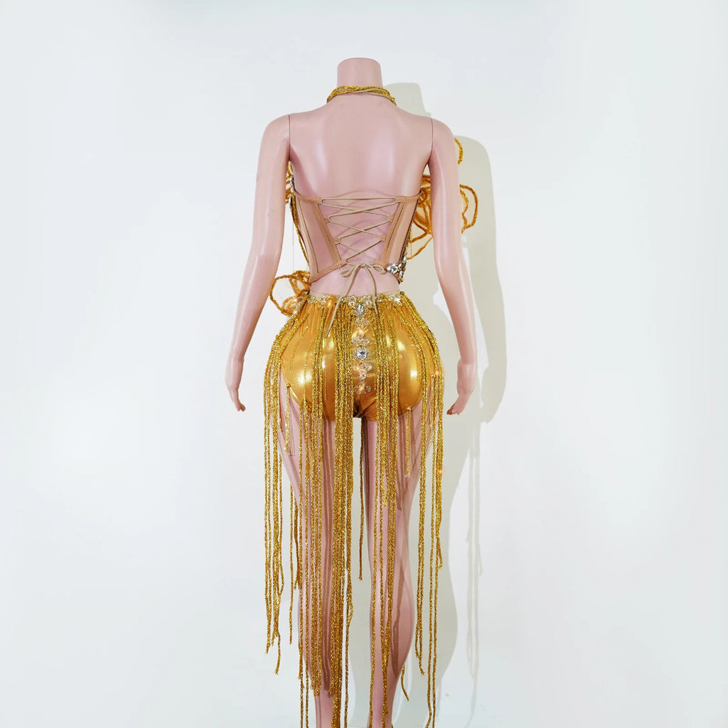 Gold Orange 3D Flower Fringe Two Piece Set
