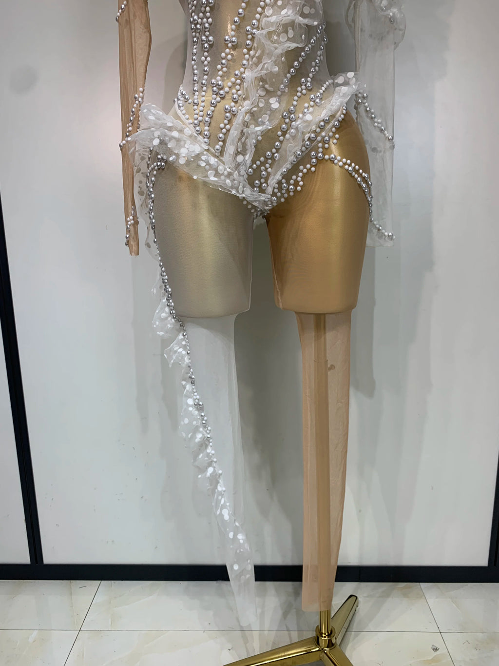 Mesh Ruffles Pearls Jumpsuits
