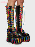 Long Rainbow Lace Up Platform Boots