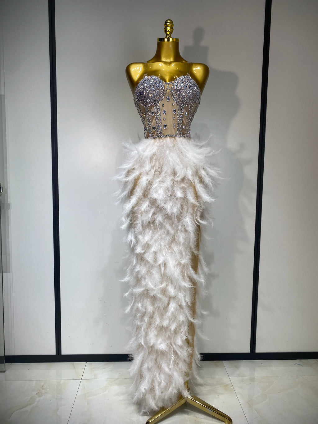Sparkly Rhinestone Feather Mesh Dress