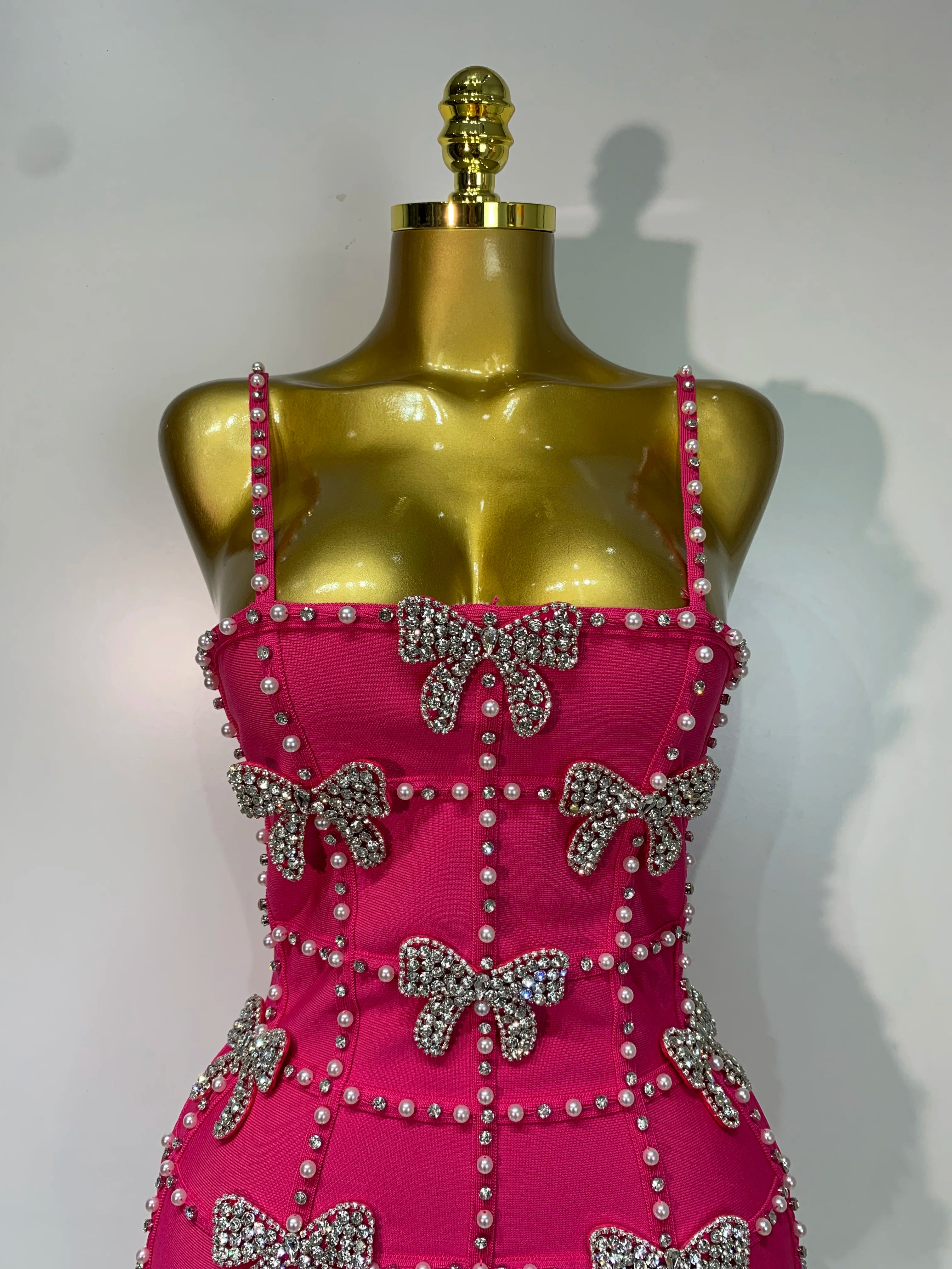Pink Pearl Bow Rhinestone Dress