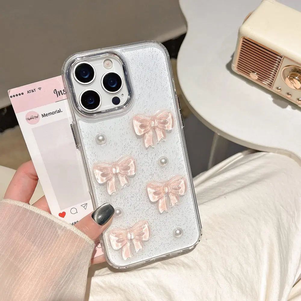 Cute 3D Pink Bow Pearl Clear Phone Case