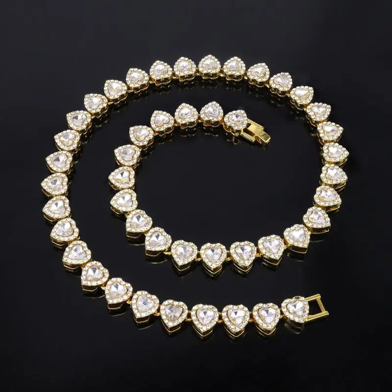 Heart Rhinestone Tennis Chain Necklace & Matching Bracelet
