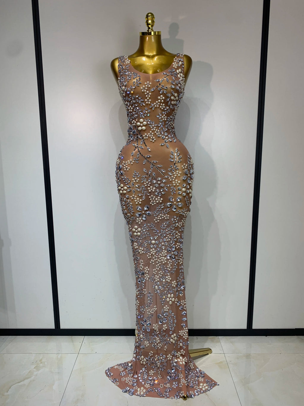 Diamonds Mesh See Through Long Dress