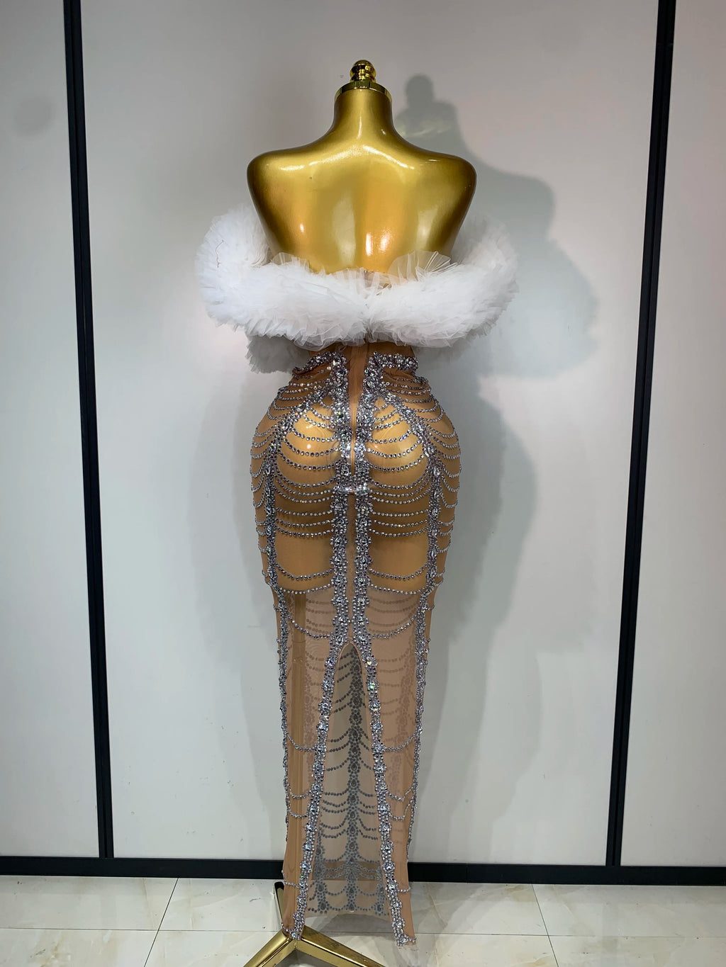 White Fluffy Luxurious Rhinestone Bodycon Dress