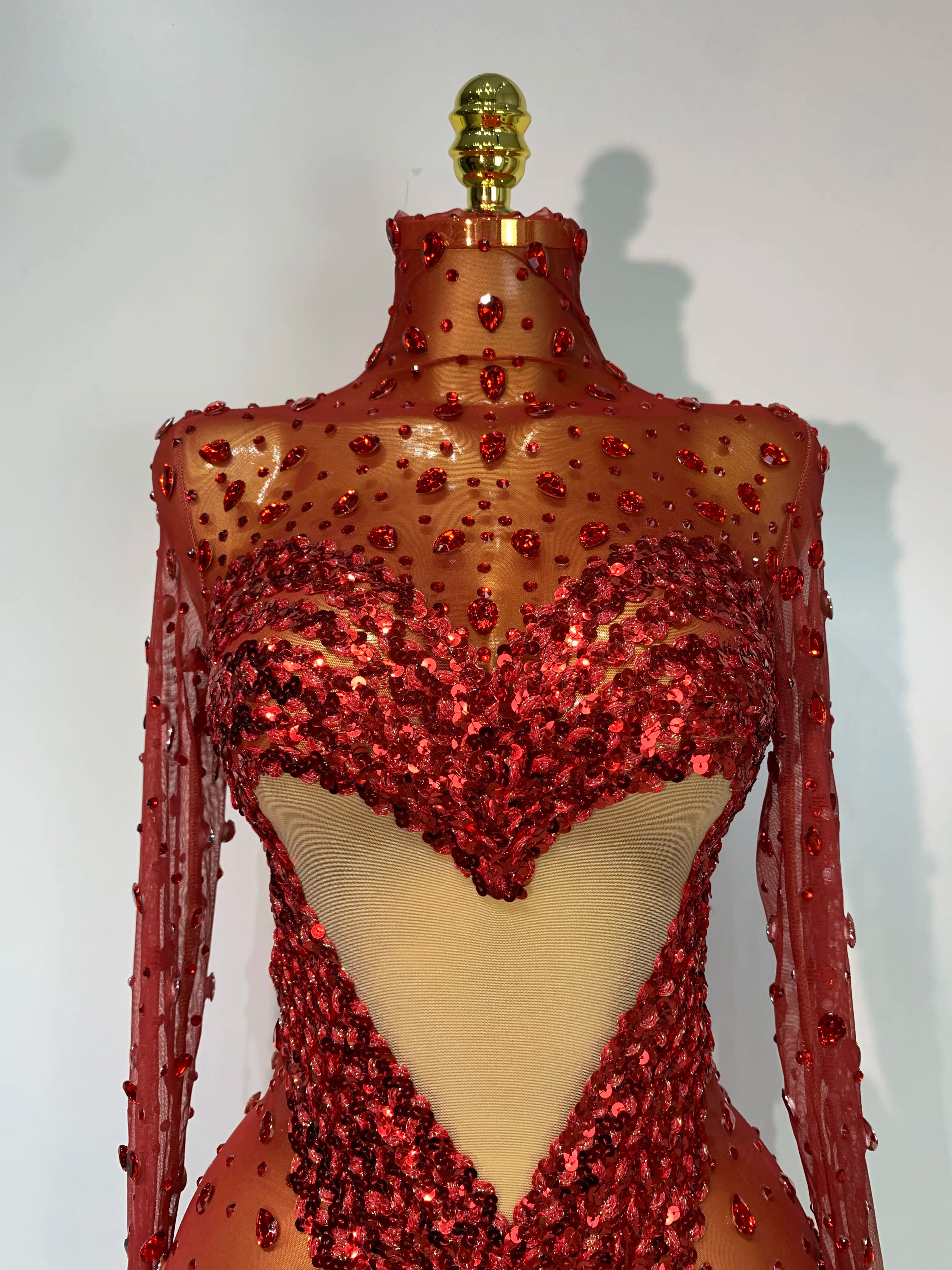 Red Rhinestone Sequin Mesh Mini Dress