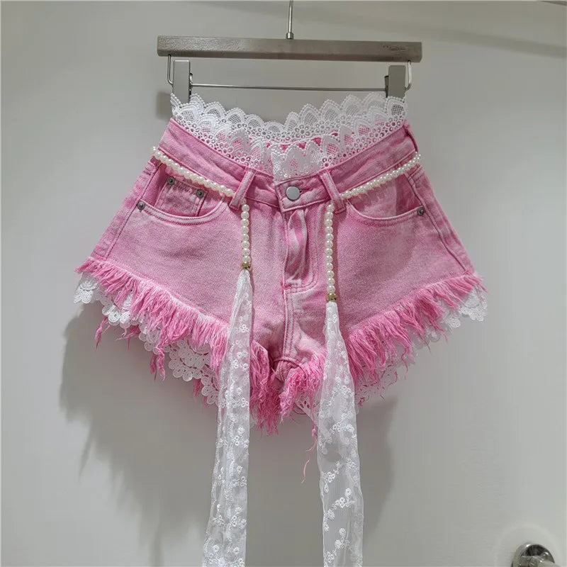 Lace Trim Denim Shorts + Pearl Belt