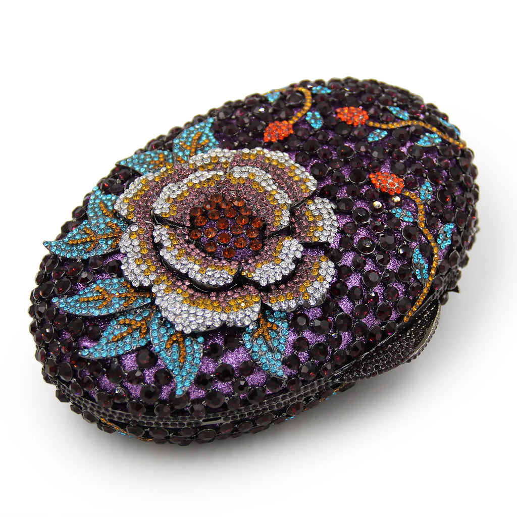 Oval Diamond Flower Crystal Clutch