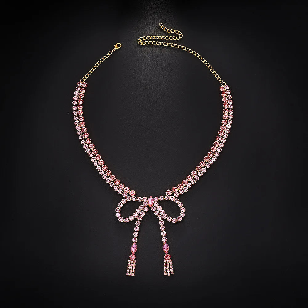 Pink Bow Rhinestone Choker Necklace