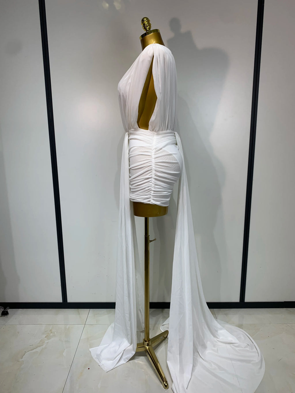 Deep V-Neck Ruched Bodycon Mini Dress
