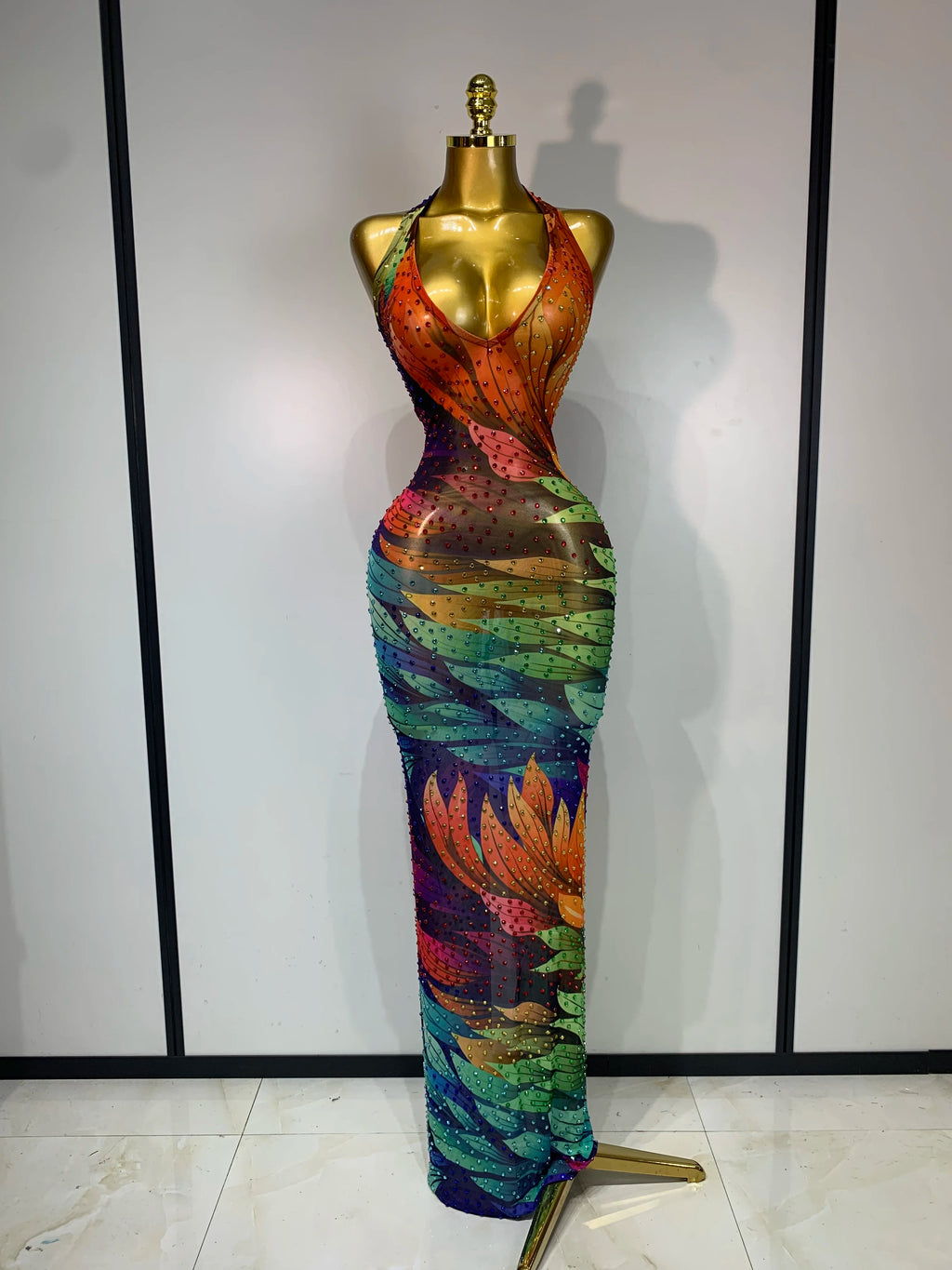 Cool Summer Halter Mesh Sparkly Rhinestone Dress