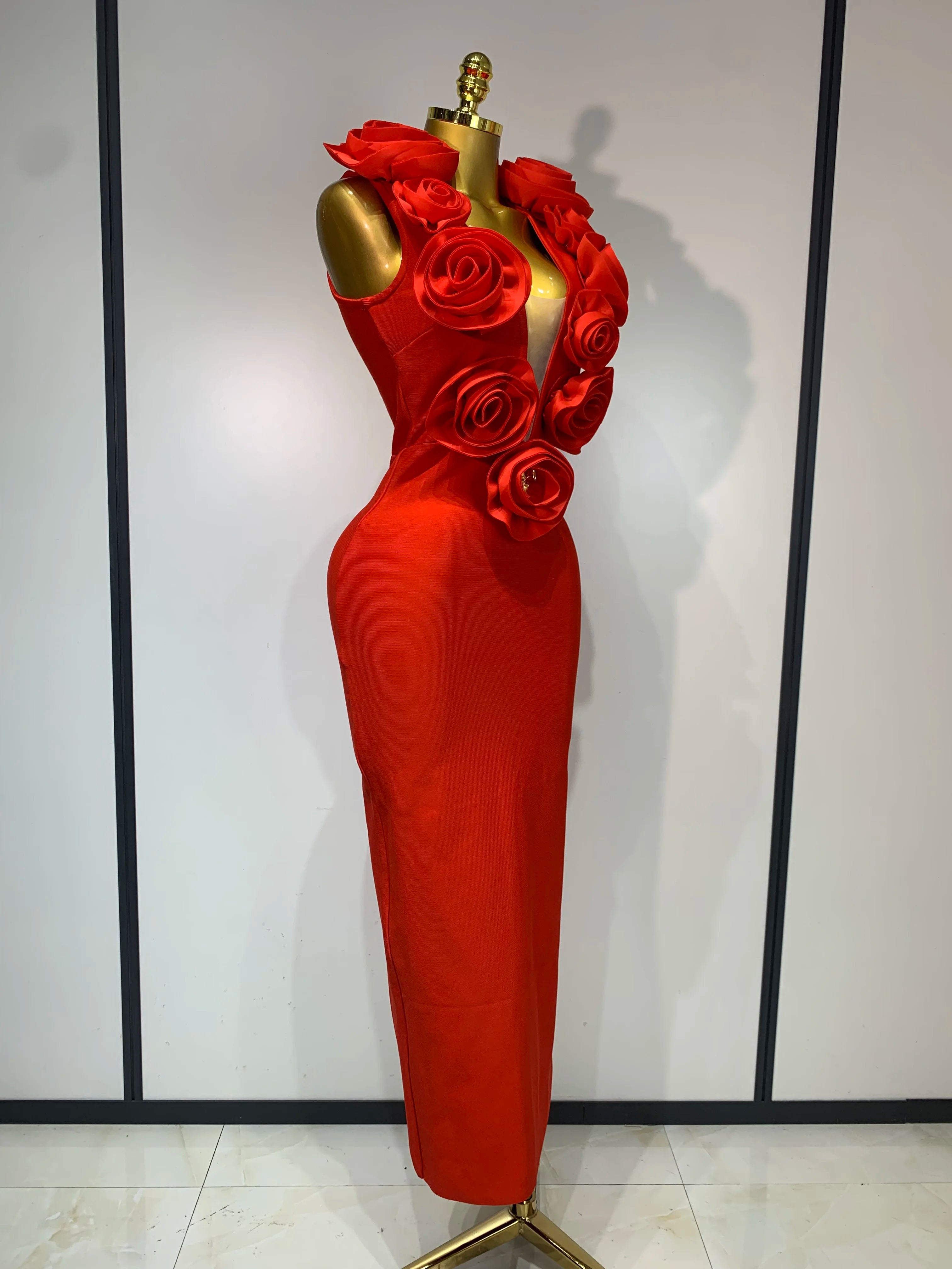 Rose V Neck Mesh 3D Flower Dress