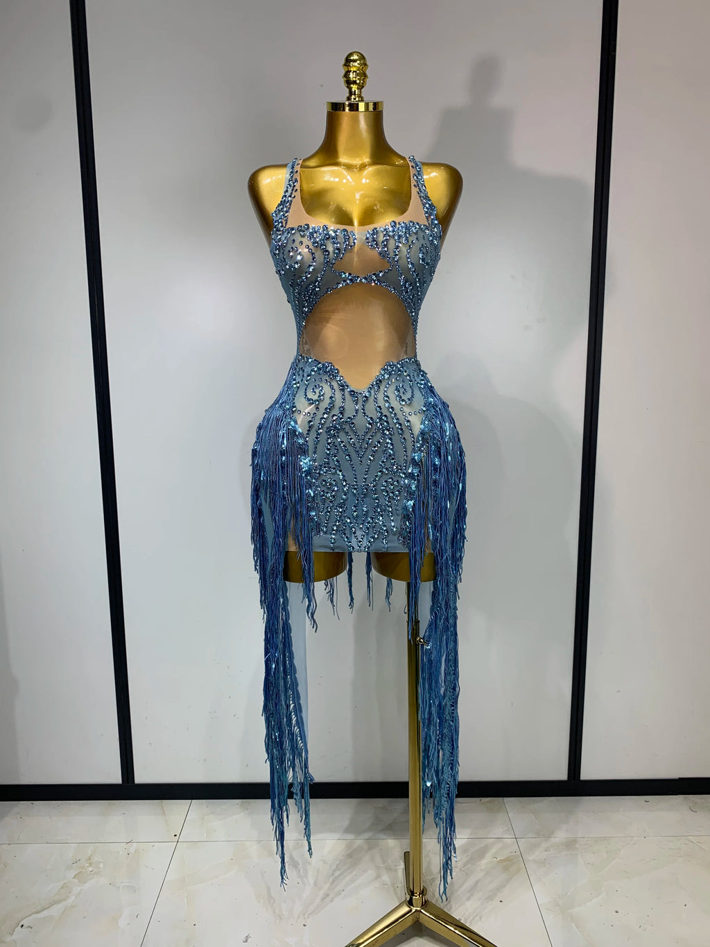 Sparkly Blue Rhinestone Mesh Dress