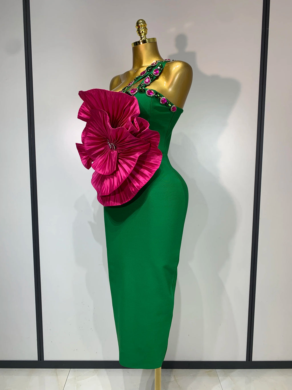 Flower Sparkly Crystal One Shoulder Dress
