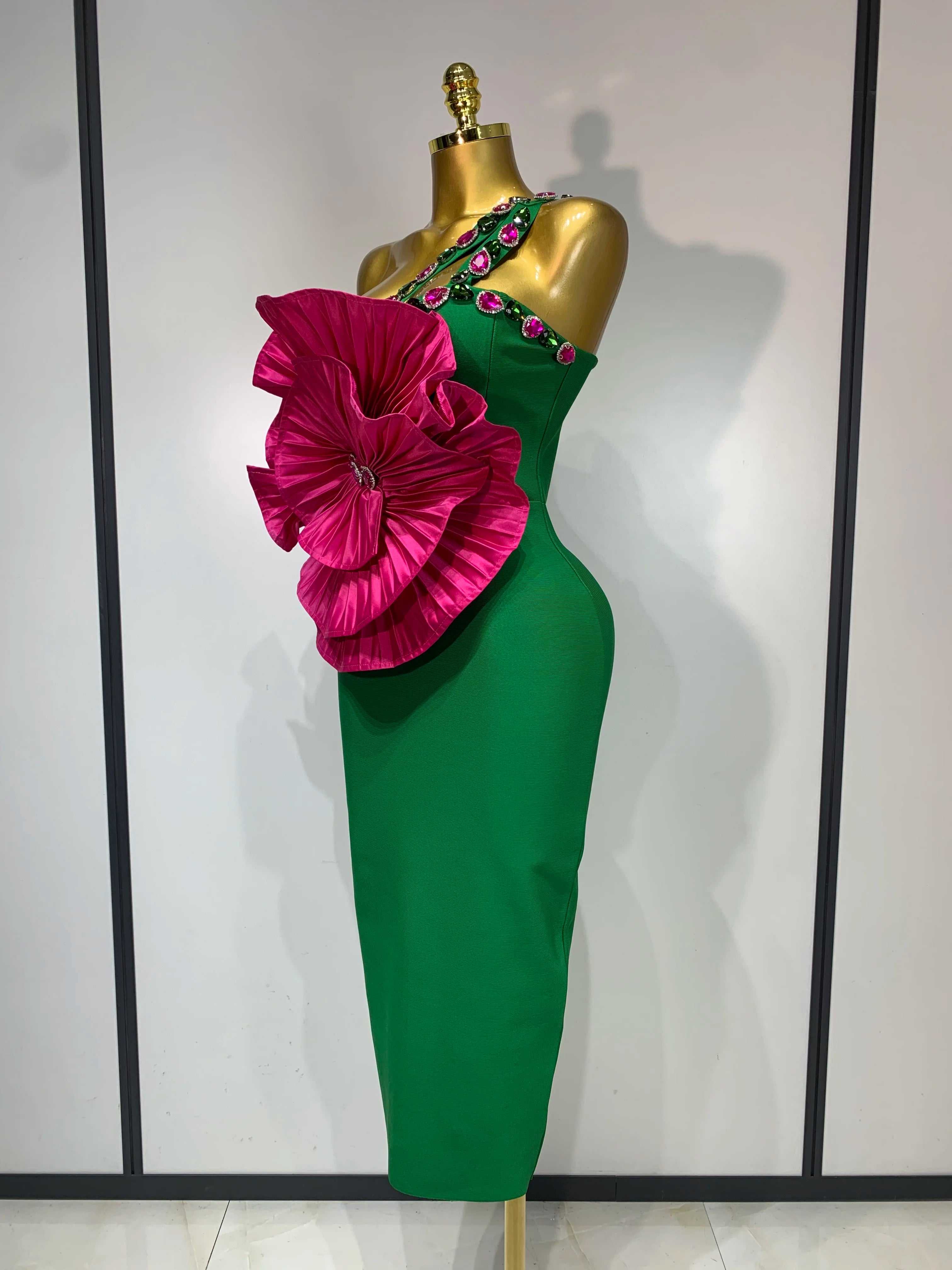 Flower Sparkly Crystal One Shoulder Dress