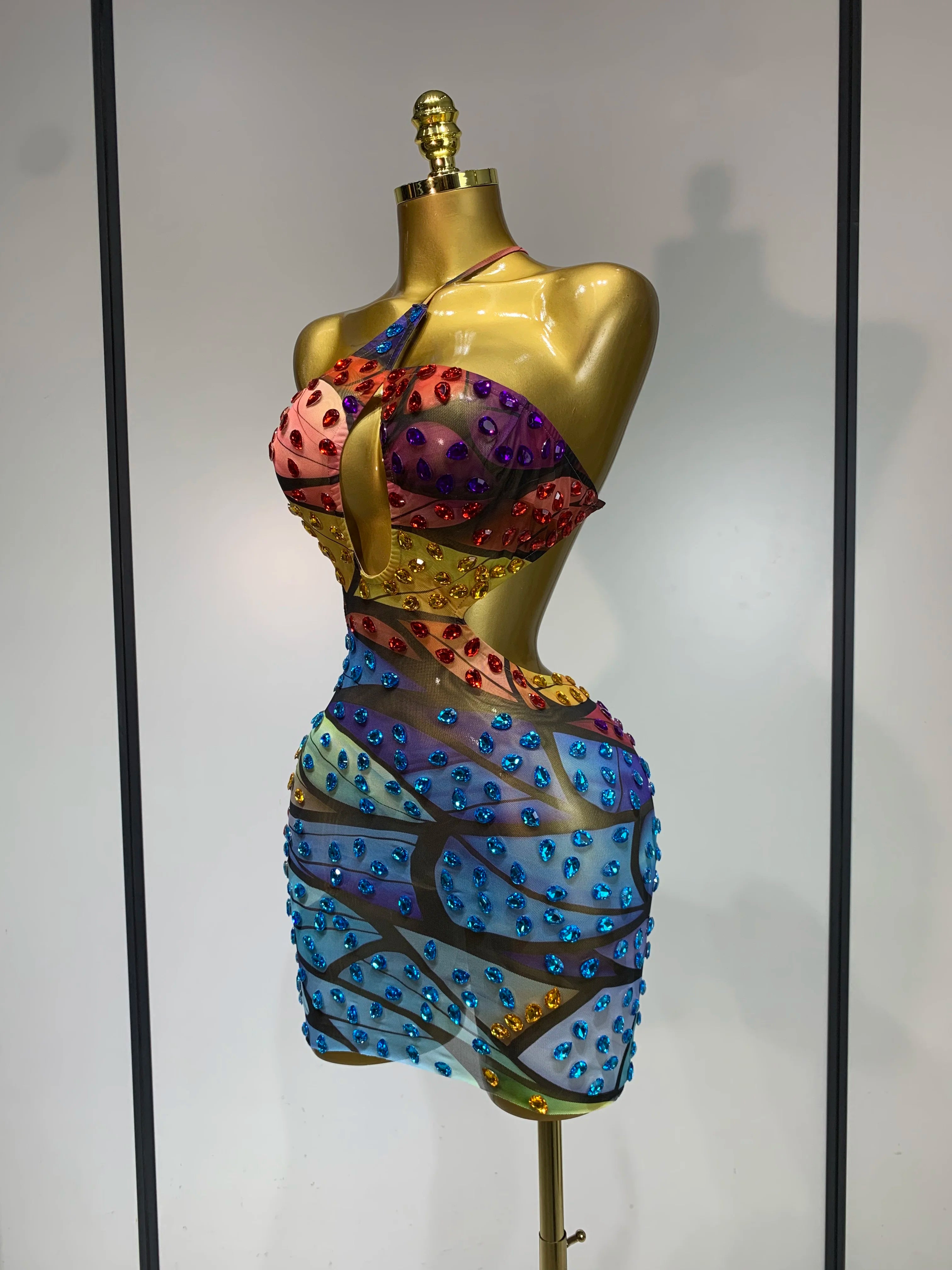 Butterfly Print Rhinestone Mini Dress