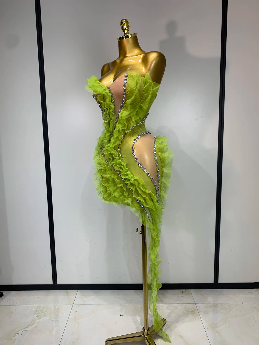 Luxury Sparkly Green Rhinestones Mesh Mini Dress