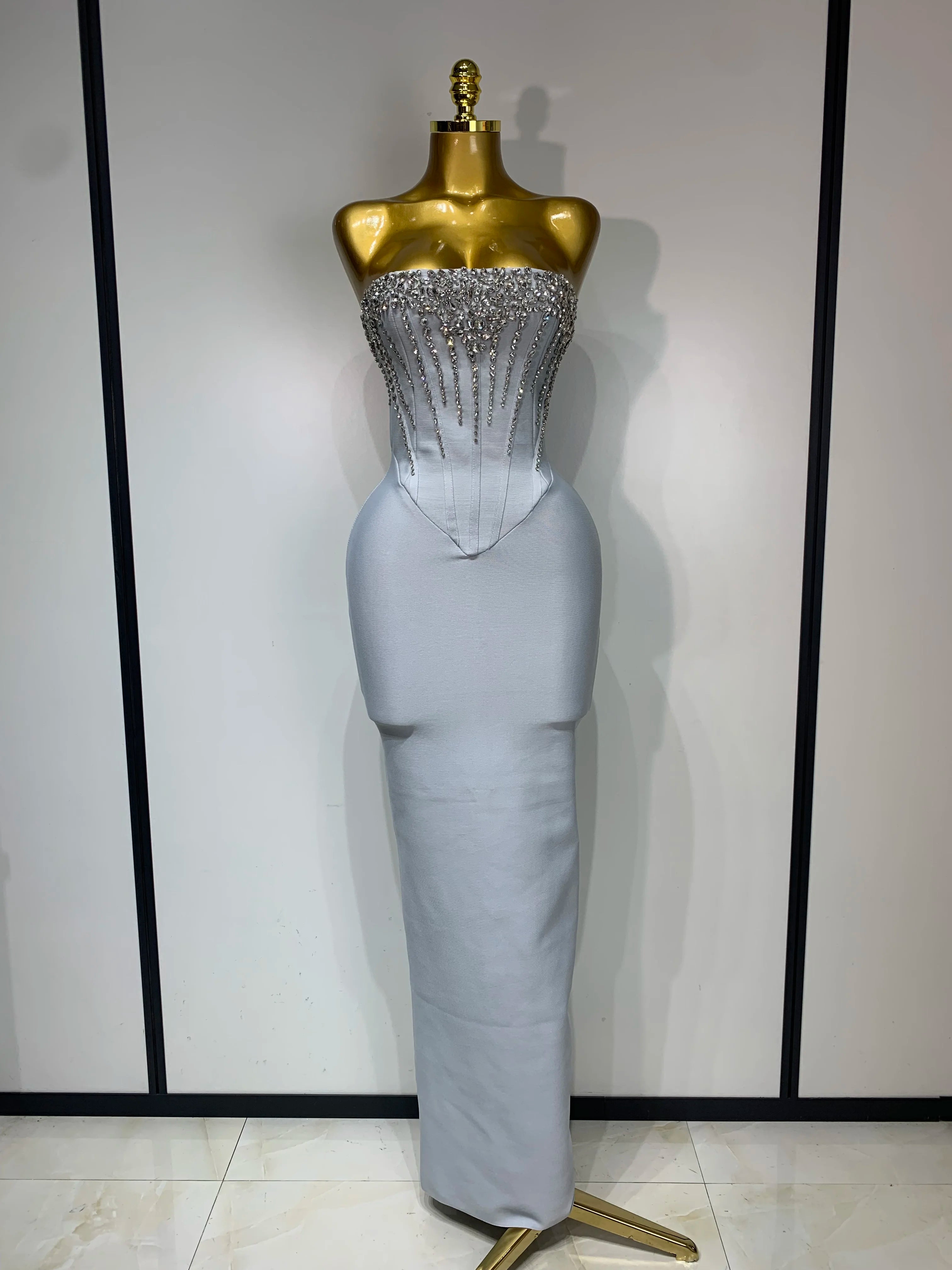 Gray Silver Rhinestone Tube Corset Dress