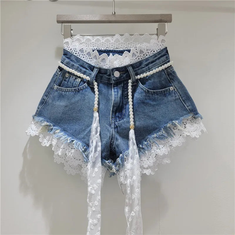 Lace Trim Denim Shorts + Pearl Belt